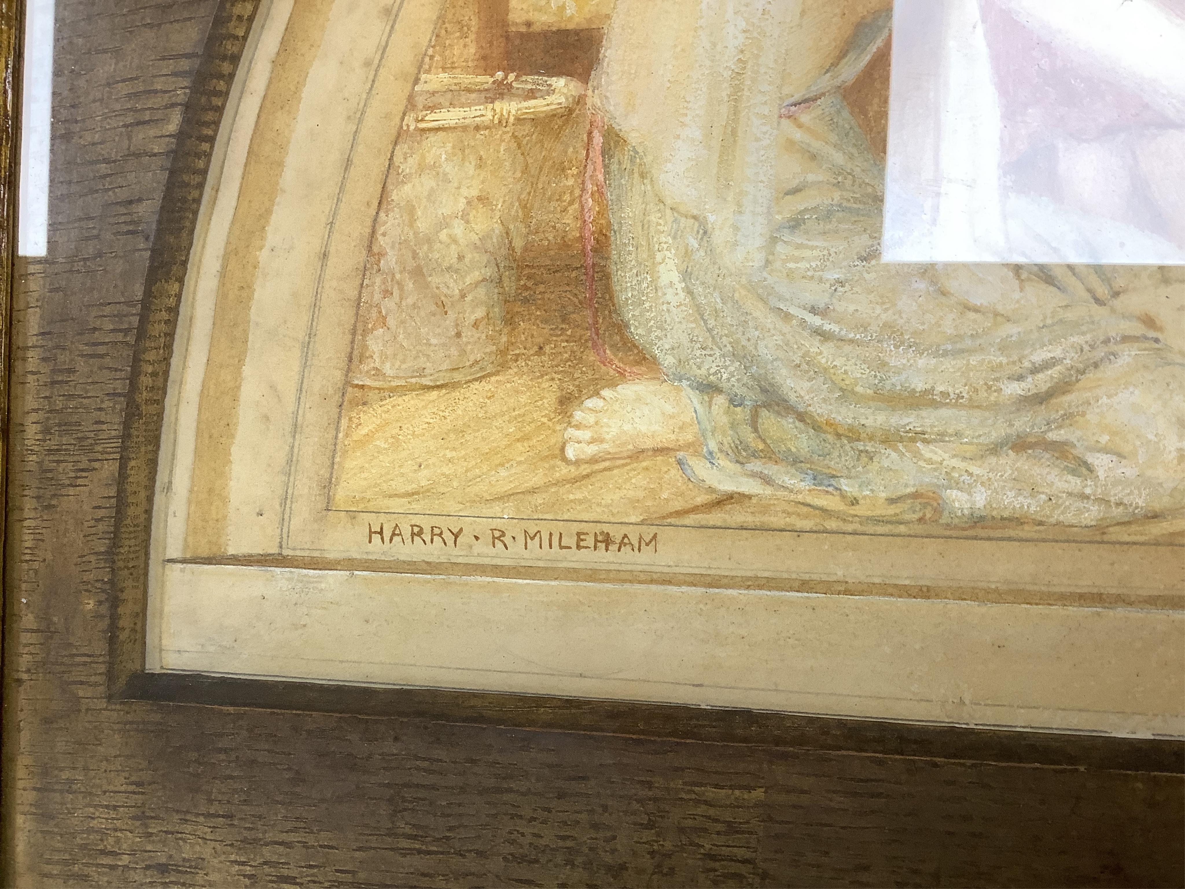 Harry Mileham (1873-1957), 'The Vintage', signed, fan shaped watercolour heightened with white, together with a catalogue of works by the artist, 42 x 84cm